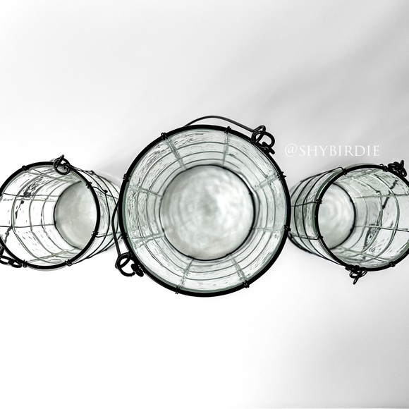 NEW Set of 3 Glass Lanterns with Black Wire Detail - Picture 6 of 12